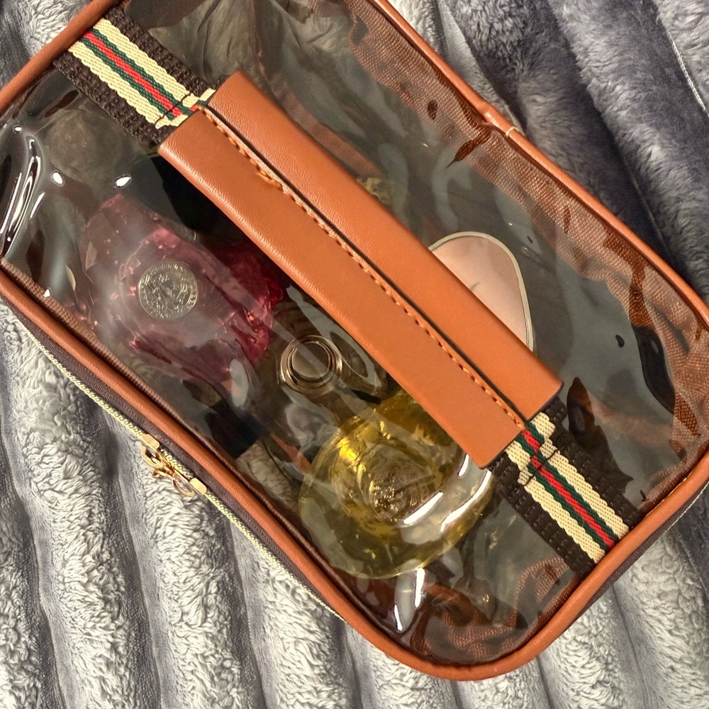 NIB Clear Brown With Red & Green Trim Cosmetic Bag - Picture 5 of 9